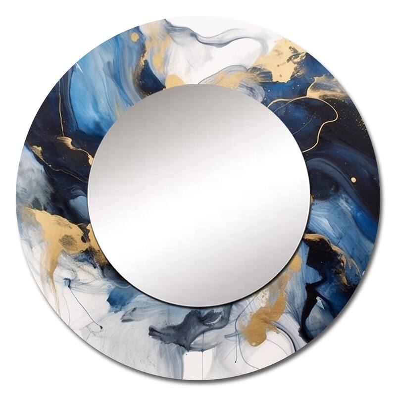 Designart "Dark Blue and Gold Strokes XII" Fractals Large Round Mirror - Modern Blue Round Bathroom Mirror