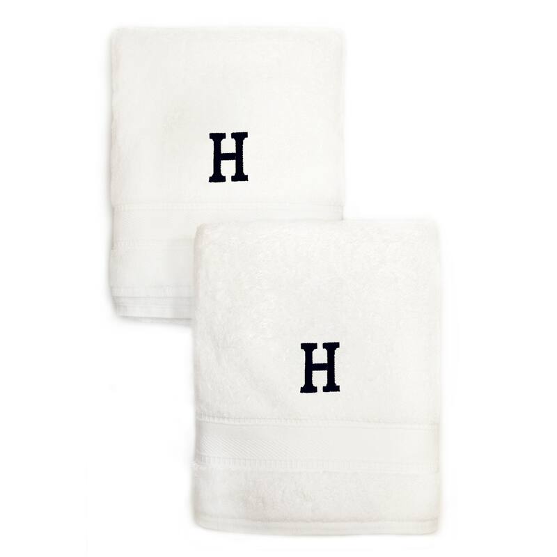 Authentic Hotel and Spa 2-piece White Turkish Cotton Hand Towels with Black Monogrammed Initial - White/H