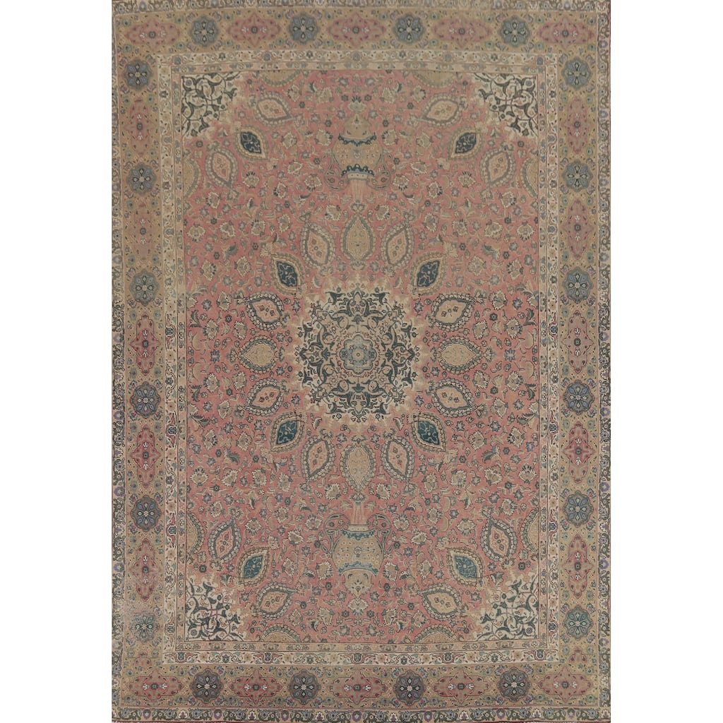 Floral Pink Tabriz Persian Vintage Area Rug Hand-Knotted Wool Carpet - 9'8"x 12'11"