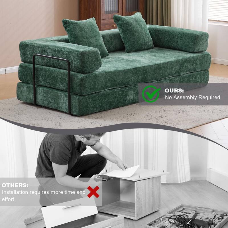 Chenille Floor Sleeper Sofa Bed Foldable Loveseat Couch Futon Sofa with Removable L-shaped Armrest and Movable Iron Frame