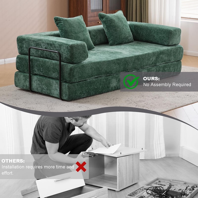Convertible Flannel Fabric Futon Sofa Sleeper Couch Bed with Sponge Padding for Living Room - 76.77”L x 37.4”W x 23.62”H