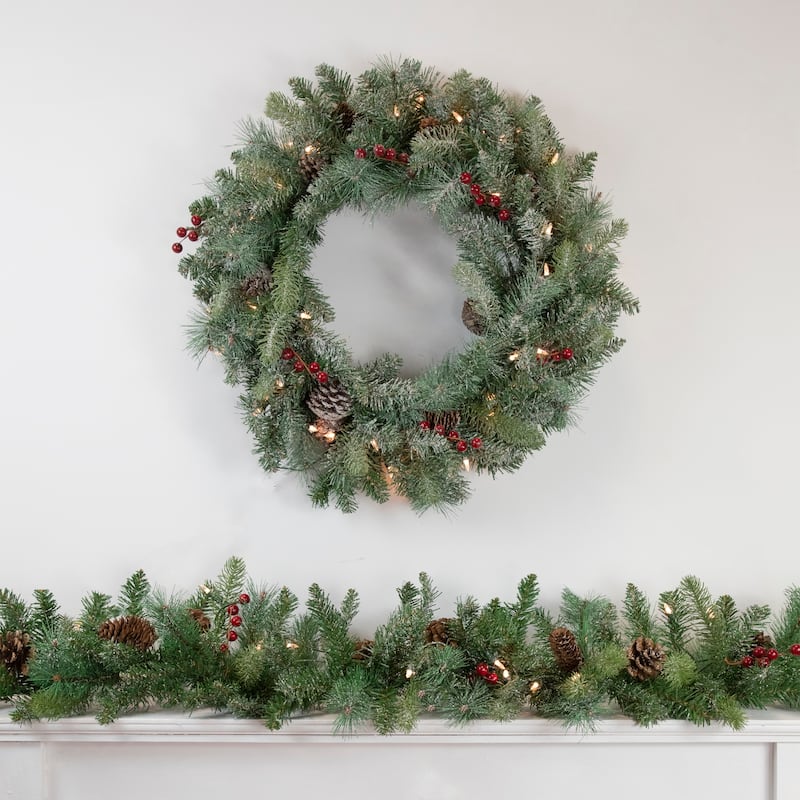 Pre-Lit Snowy Waterloo Pine Artificial Christmas Wreath - 24-Inch Clear Lights - 24"