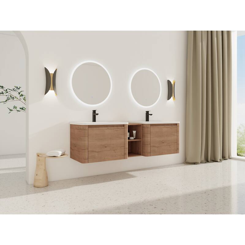 68'' Wall-Mounted Bathroom Vanity with White Ceramic Sink and Storage Shelves & 1-Soft-Close Door, KD-Packing, Plywood