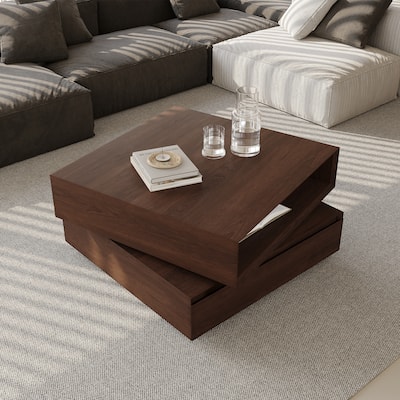 31.5" Mid Century Square Wood Coffee Table,Swivel Two-tier Coffee Table, Brown