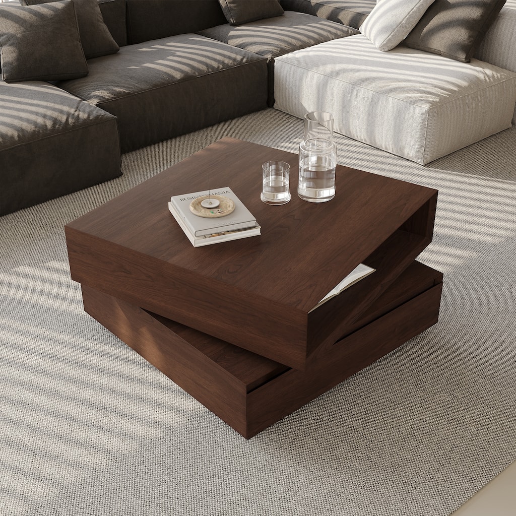 31.5" Mid Century Square Wood Coffee Table,Swivel Two-tier Coffee Table, Brown