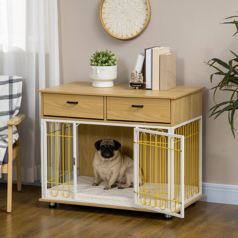 PawHut Dog Crate Furniture with 2 Drawers, Furniture Style Dog Crate End Table Indoor with Soft Cushion, Door for Medium Dogs