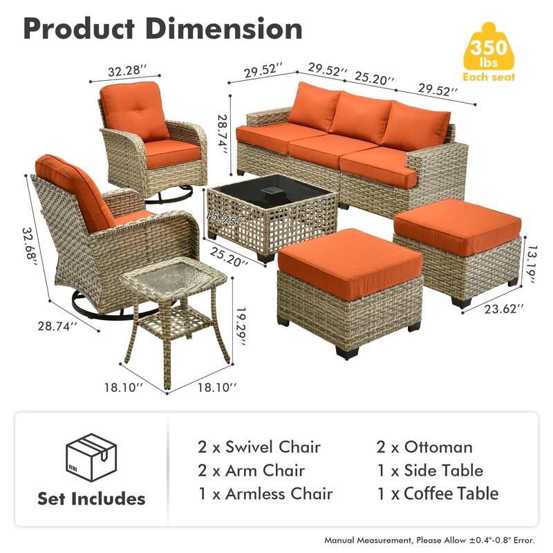 OVIOS 9 Pieces Wide Arm T shaped Seat Curved Swivel Chair Set With Solar-Powered Table