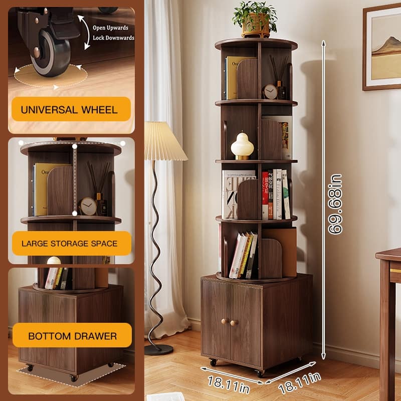 360 Degree Display 5 Tier Corner Bookshelf with Drawer, Floor Standing Bookcase Storage Rack, Wood Narrow Book Shelf Organizer