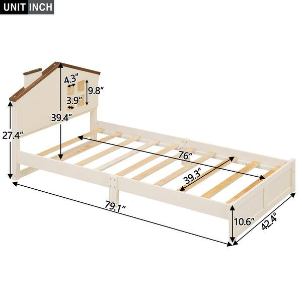 dimension image slide 1 of 4, Bedroom Solid Wood Platform Bed House-Shaped Headboard Walnut Roof with LED Window Bed Frame Platform No Box Spring Needed
