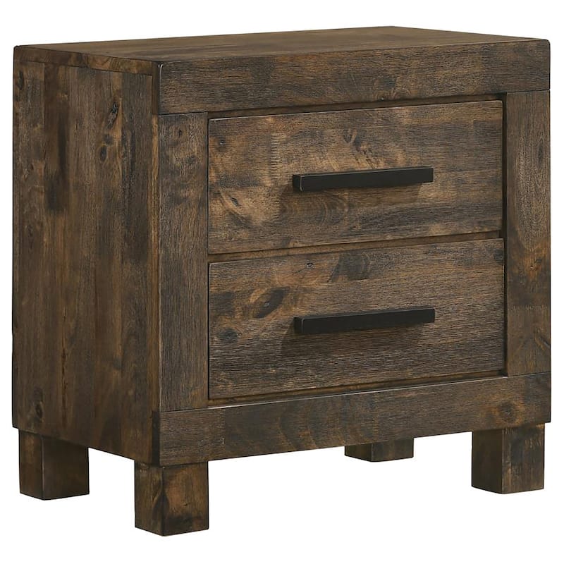 Rustic Golden Brown 2-Drawer Nightstand with Wooden Handles and Thick Block Feet