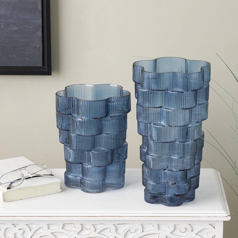 Glass Ribbed Stacked Flower Decorative Vase - Set of 2 Brown or Blue - Roche River Decor