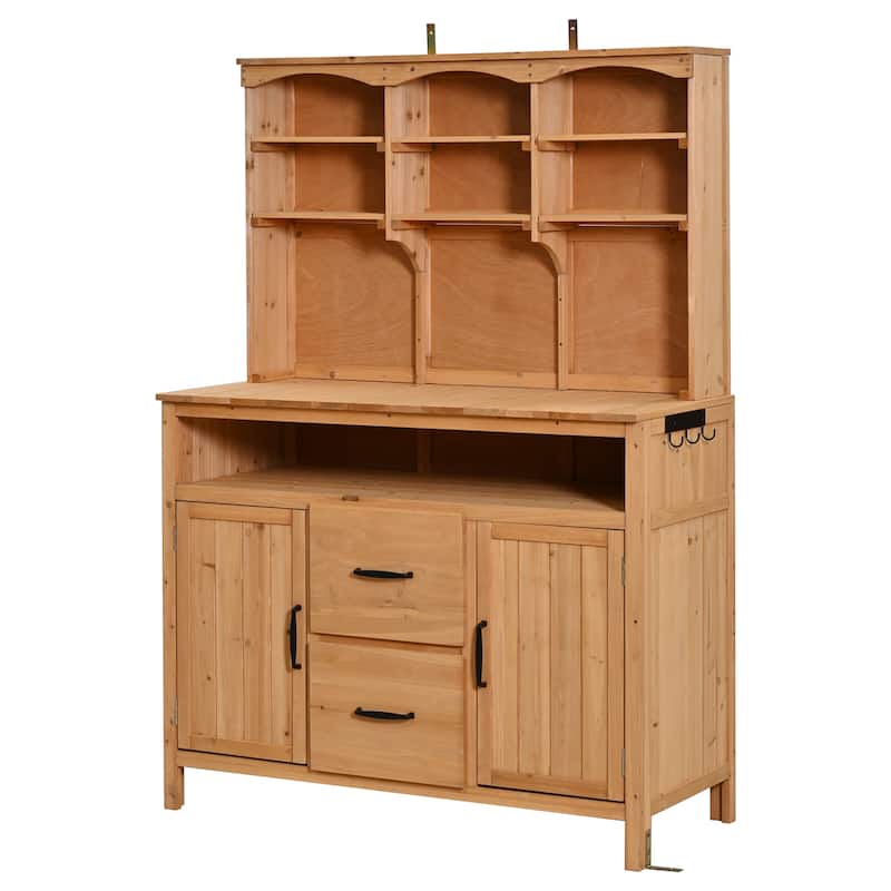 45" Fir Wood Outdoor Potting Bench with Hutch, Cabinets, and Drawers