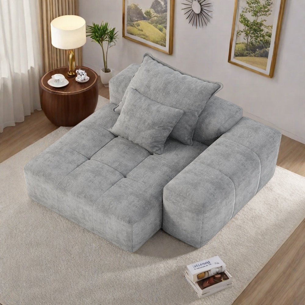 56.7" Foam 2-Seater Sofa Block Sofa with 2 Pillows for Living Room and Bedroom