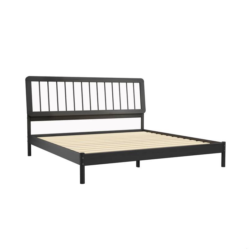 Solid Wood King Size Bed Frame with Mid-Century Modern Style and Slat-Back Design - Easy Assembly - Black - King