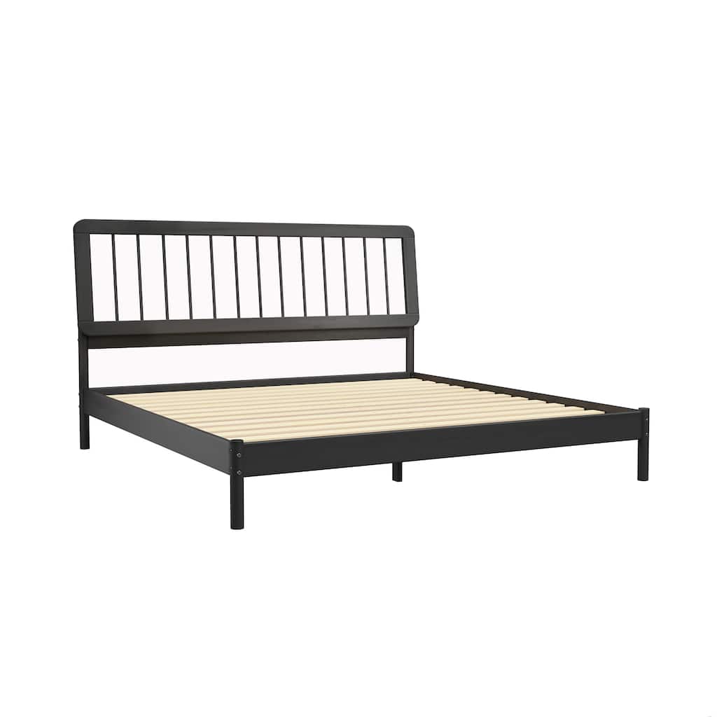 Solid Wood King Size Bed Frame with Mid-Century Modern Style and Slat-Back Design - Easy Assembly