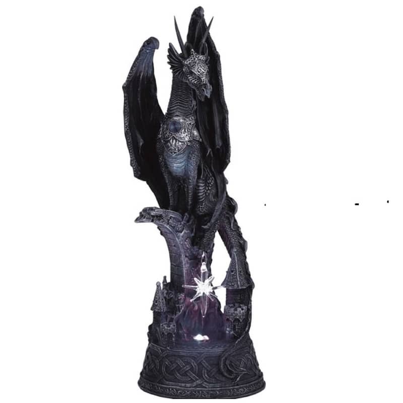 Q-Max 12"H LED Black Dragon Standing on Castle Statue Fantasy Decoration Figurine