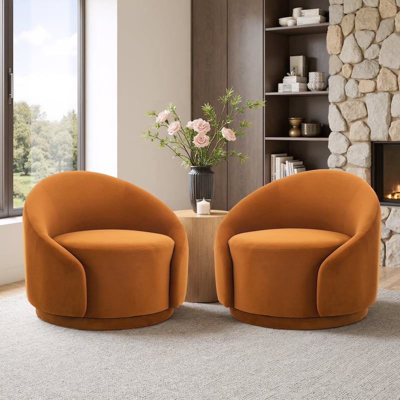 35" Wide Upholstered Swivel Accent Barrel Chairs (Set of 2) - Velvet - Orange