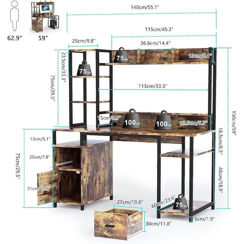PAKASEPT 55" Computer Desk with Hutch and Storage Shelf