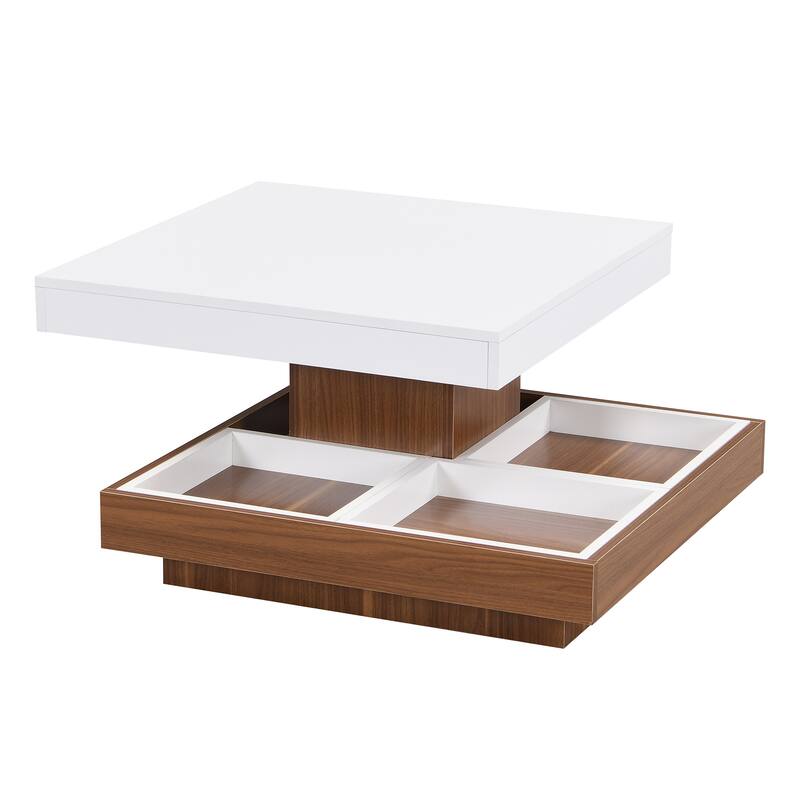 Modern Square 360°Rotating Coffee Table with Three Detachable Tray, 2-Tier Farmhouse Wood Center Table with Storage
