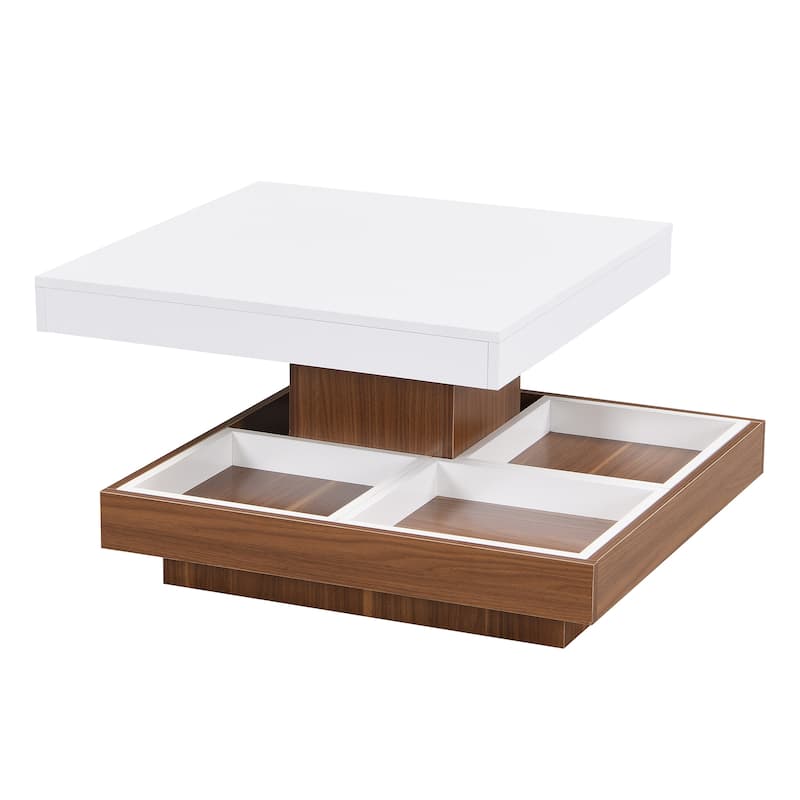 Modern Square Coffee Table with Three Detachable Tray, 2-Tier Farmhouse Center Table with Storage