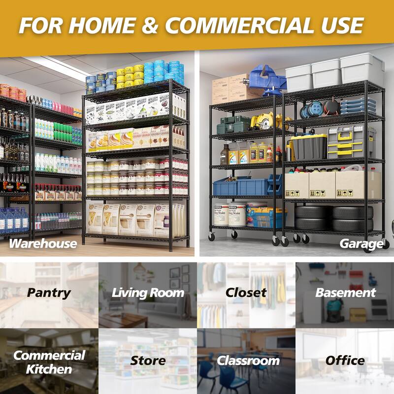 Black Adjustable 5-Layer Steel Wire Storage Shelf with Lockable Caster Wheels for Garage and Home