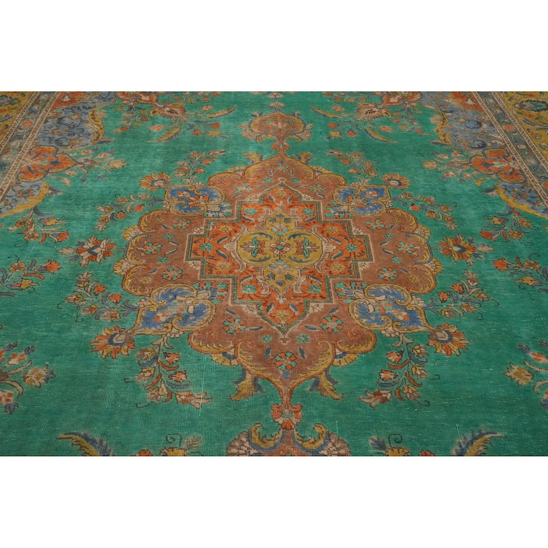 Hand Knotted Oriental 100% Wool Carpet Traditional Floral Green Tabriz Area Rug - 12' 9'' X 9' 9''