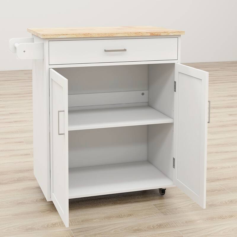 Rolling Kitchen Island with Rubber Wood Top, 33-inch White Storage Trolley Cart with 1 Drawer, Adjustable Shelves & Towel Rack