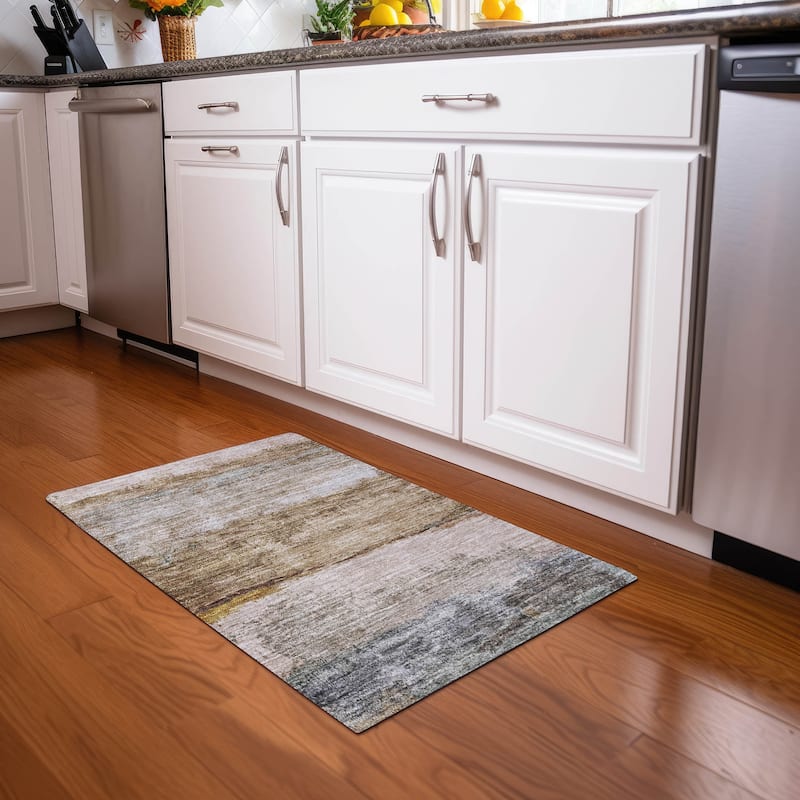 Machine Washable Indoor/ Outdoor Abstract Contemporary Chantille Rug - Beige - 1'8" x 2'6"