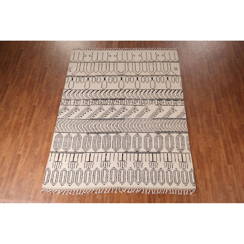 Beige Geometric Moroccan Area Rug Handmade Wool Carpet - 7'11"x 10'3"