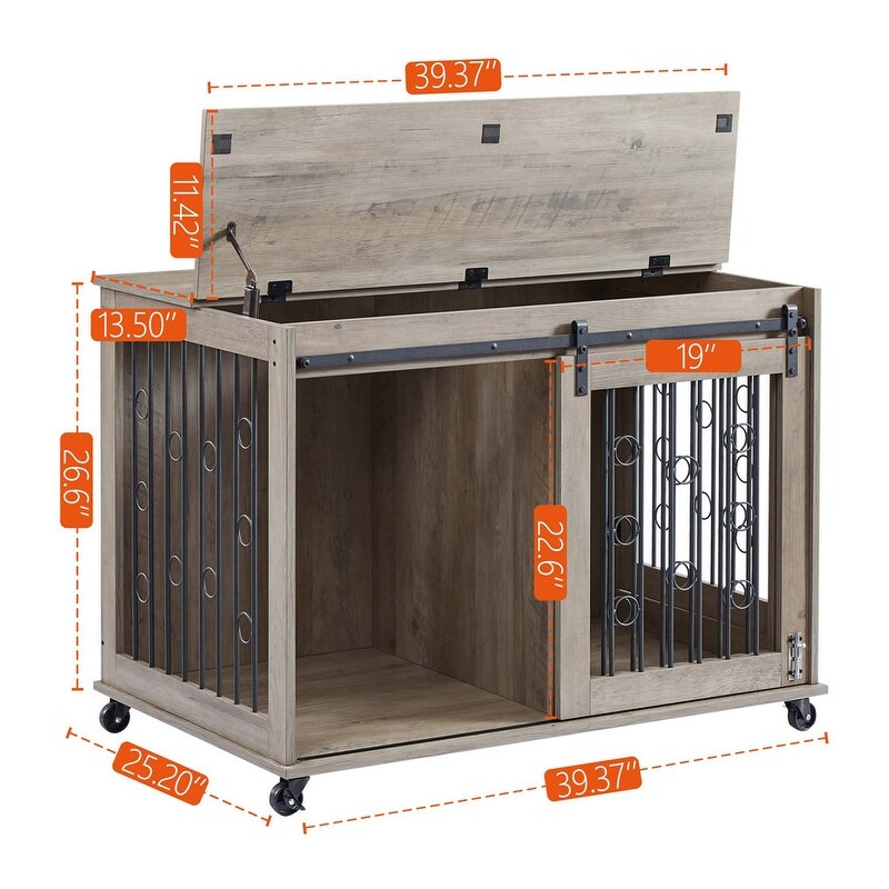 Sliding Barn Door Dog Crate Furniture with Flip top Plate On