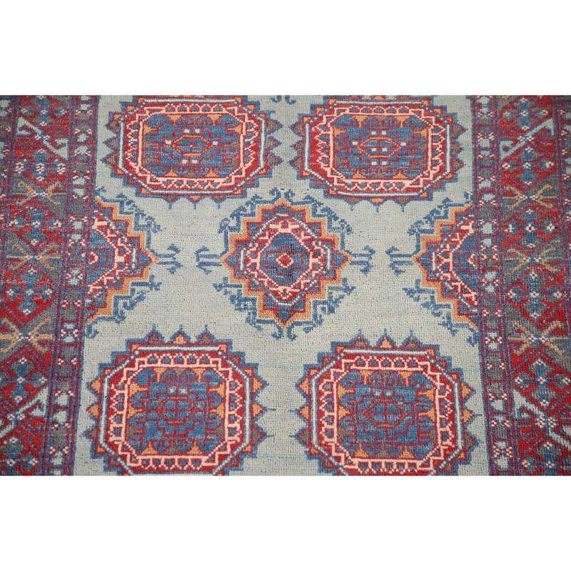 Geometric Kazak Accent Rug Hand-Knotted Blue Wool Carpet - 3'1"x 4'9"