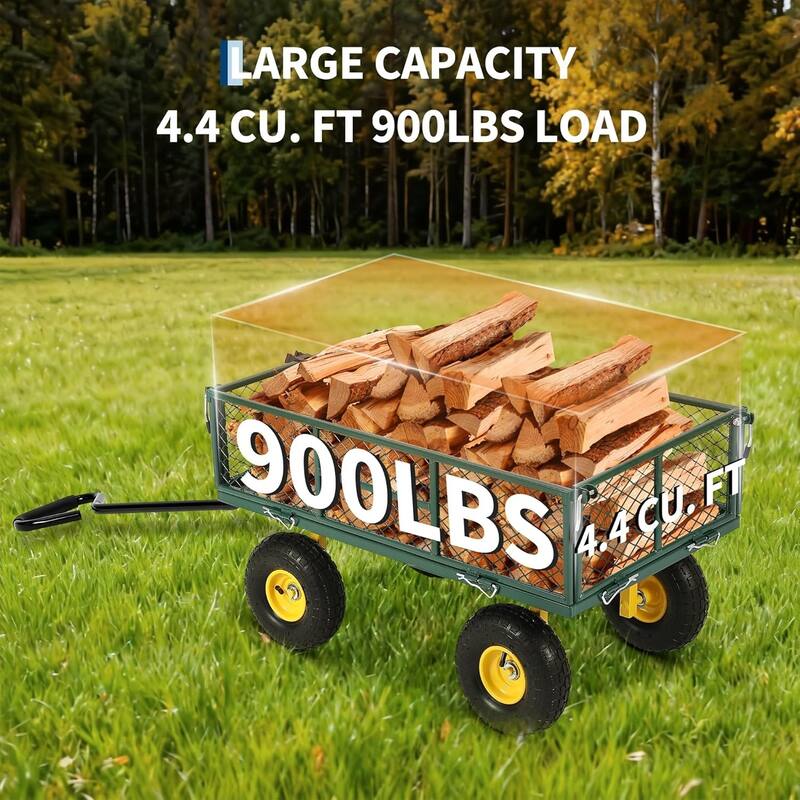 900-lb Capacity Steel Garden Cart Removable Mesh Sides Convert to Flatbed and 180Degree Rotating Handle Green