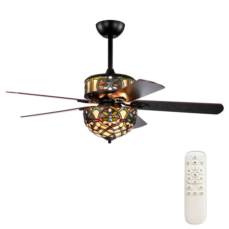 Parponk 52-Inch Flushmount Two-Tiered Lighted Ceiling Fan Green Hatch Tiffany Glass Lamp Black Finish - Green-Hatch