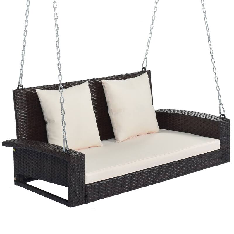 Wicker Porch Swing for 2 with Includes Cushion and Pillows, 500lb Capacity Rust-Proof Chains