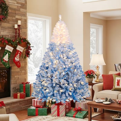 5/6/7/8 FT Pre-Lit Snow Flocked Christmas Tree Artificial Hinged Tree - Blue+White