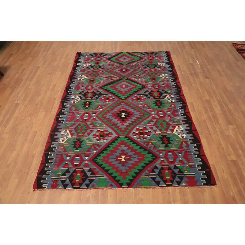 Hand Woven Oriental 100% Wool Carpet Southwestern Tribal Navy Blue & Blues Kilim Area Rug - 8' 11'' X 5' 9''
