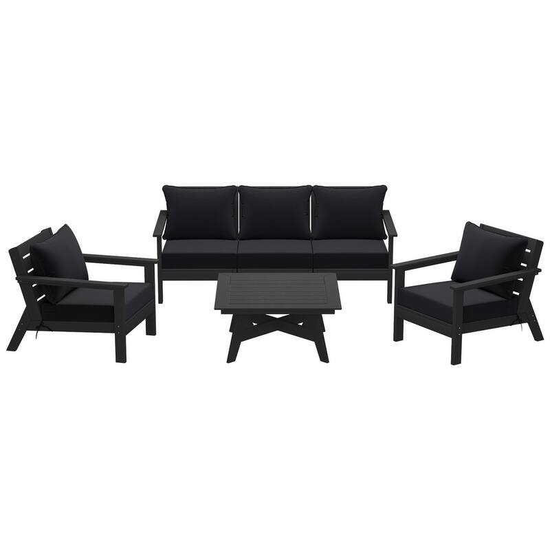 Birchwood All Weather HDPE Outdoor Patio Black Deep Seating Conversation Set (6-Piece Set)