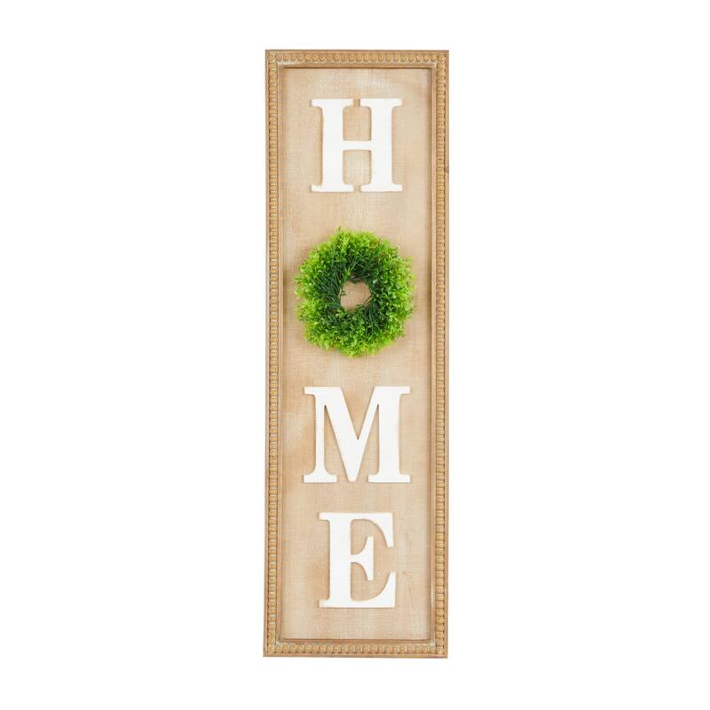 Light Brown Wood Handmade White Lettered HOME Sign Decorative Sign with Beaded Frame and Green Wreath
