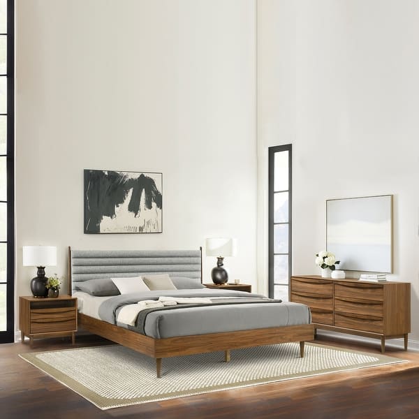 slide 2 of 49, Artemio Black or Walnut Wood 4 Piece Bedroom Set with Grey Upholstered Headboard Walnut - King