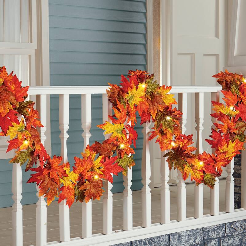 9-Ft Lighted Fall Maple Leaf Garland with Timer - 8" x 2.25" x 9.5" - Orange