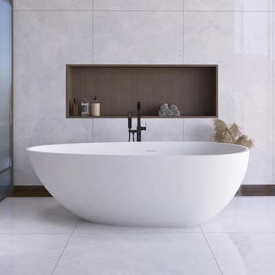 67 in. x 34 in. Stone Resin Solid Surface Freestanding Soaking Bathtub in Matte White