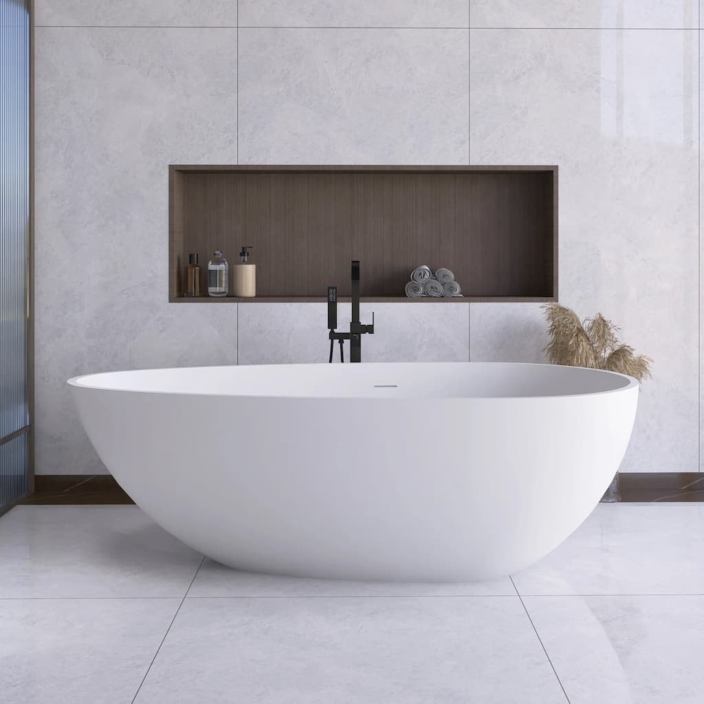 67 in. x 34 in. Stone Resin Solid Surface Freestanding Soaking Bathtub in Matte White