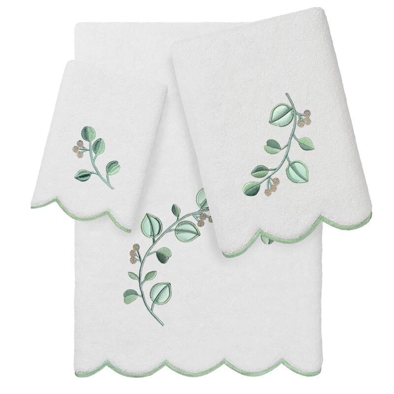 Authentic Hotel and Spa 100% Turkish Cotton WILD BRANCH Scallop Embellished Towel Collection - White/Green - 3 Piece Set