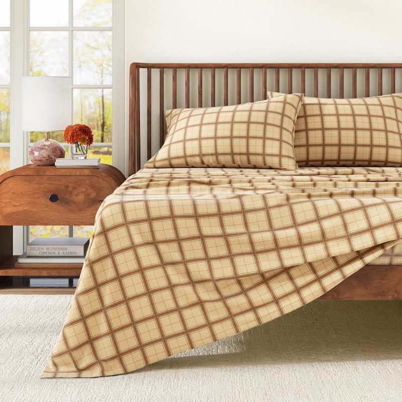 Linery & Co. Ultra-Soft Turkish Cotton Plaid Flannel Sheet Set - Full - Block Plaid - Taupe/Green/Red