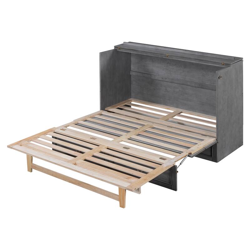 Queen Wall Bed with Built-In Storage Drawers and Rattan Panel Detail, Foldable Cabinet Style Platform Frame for Space Saving