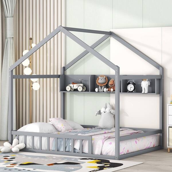 slide 2 of 18, Wooden Full Size House Bed with Storage Shelf,Kids Bed with Fence and Roof Gray