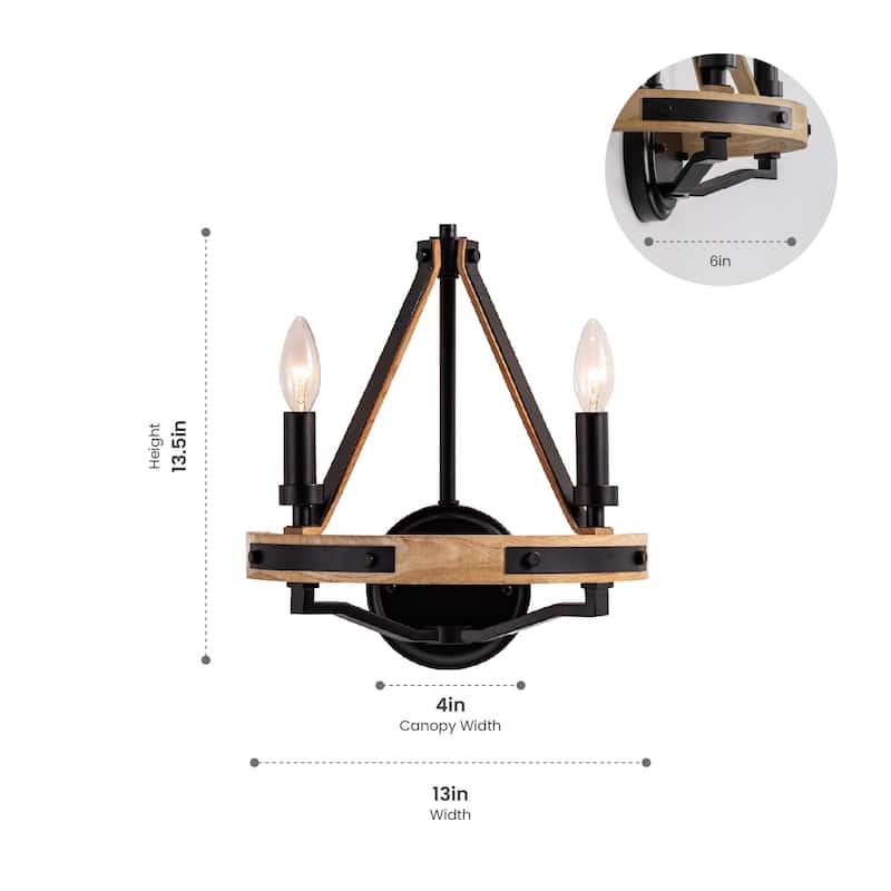 VidaLite Savannah 2-Light Rustic Farmhouse Style Wall Sconce Light, Natural Brown Ashwood & Matte Black Wall Lamp - 13" x 13.5"
