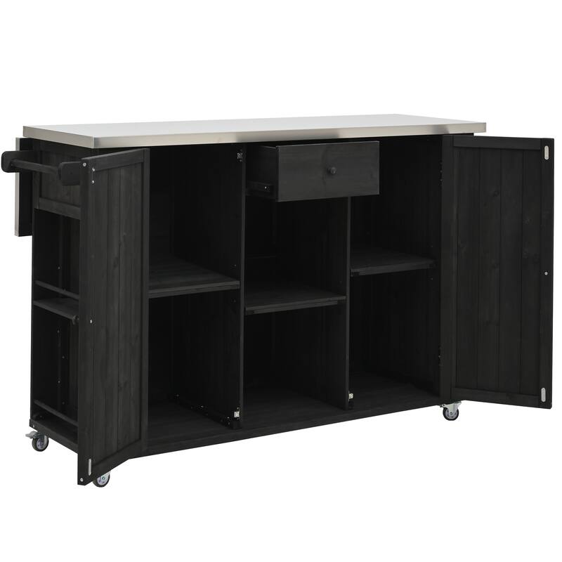 Roomfitters Outdoor Fir Wood Kitchen Island with Stainless Steel Top Towel & Spice Racks Bottle Opener