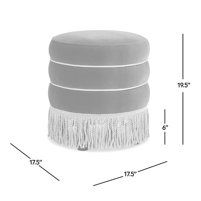 Edward 17.5" Round Upholstered Ottoman with Gold Bullion Fringe