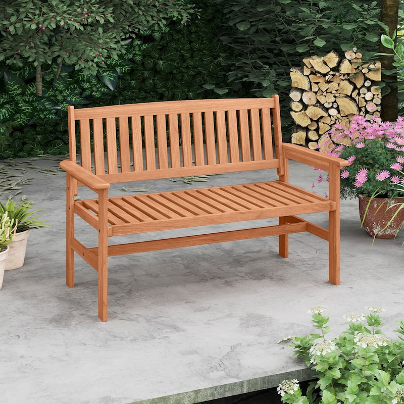 2-Person Natural Solid Wood Outdoor Loveseat Garden Bench with Slatted Backrest and Armrests - 47" × 24.5" × 34.5"